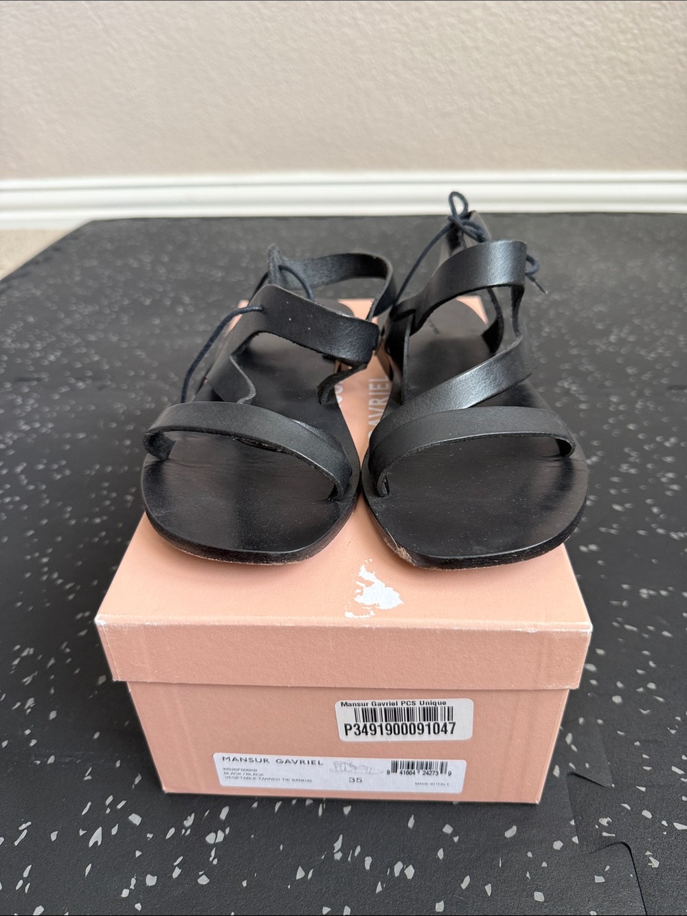 Mansur Gavriel Black Leather Tie-Strap Flat Sandals size 35
